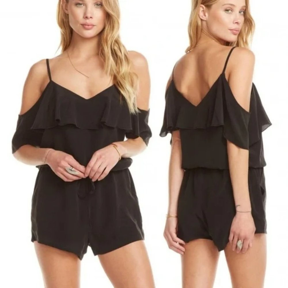 Chaser Black Silk Ruffle Open Shoulder Romper Size Medium